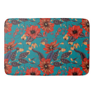 Alfombrilla De Baño Patrón floral ruso rojo y Verde azulado