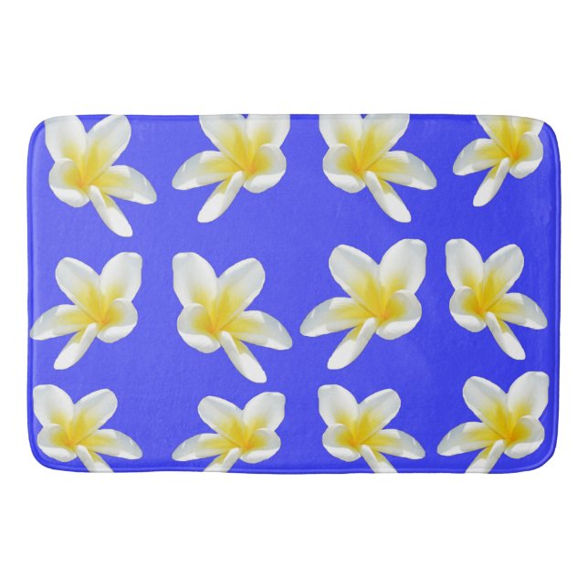 Alfombrilla De Baño Patrón Frangipani Azul Y Amarillo, (Anverso)