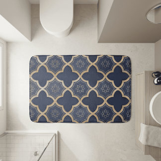 Alfombrilla De Baño Patrón geométrico de cuatro hojas marroquí en azul