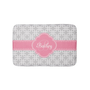 Alfombrilla De Baño Patrón gris moho Quatrefolium rosado Monograma