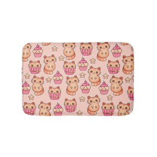 Alfombrilla De Baño Patrón kawaii de gatos y pasteles rosados