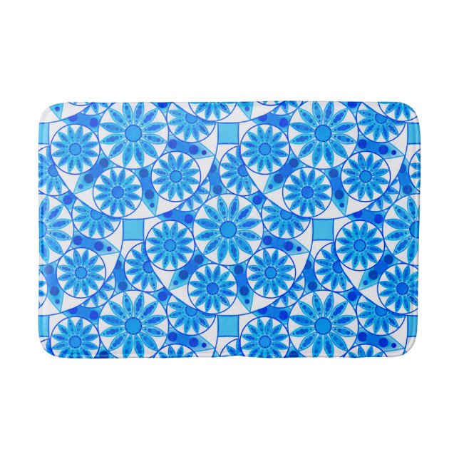 Alfombrilla De Baño Patrón Mandala, azul cobalto, turquesa y blanco (Anverso)