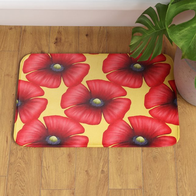 Alfombrilla De Baño Patrón moderno de adormidera roja en barba amarill (Pop a pop of color in your bathroom with this red poppy patterned yellow bath mat. A lovely gift!)