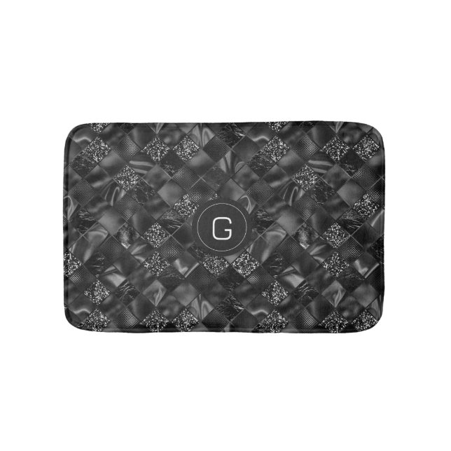 Alfombrilla De Baño Patrón moderno monogramado negro falso Purpurina (Anverso)