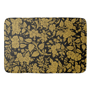 Alfombrilla De Baño Patrón negro de flores de oro antiguo de laca indi