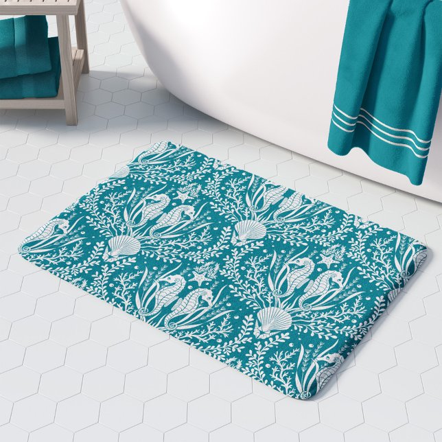 Alfombrilla De Baño Patrón oceánico Verde azulado de los Caballos Blan (Subido por el creador)