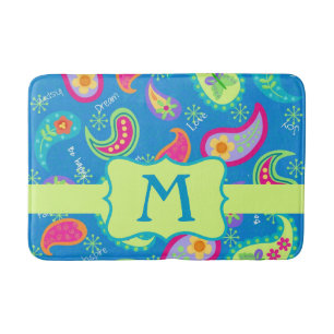 Alfombrilla De Baño Patrón Paisley moderno monograma azul verde azulad