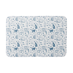 Alfombrilla De Baño Patrón retro vintage de la tela Cat Catnip Azul bl