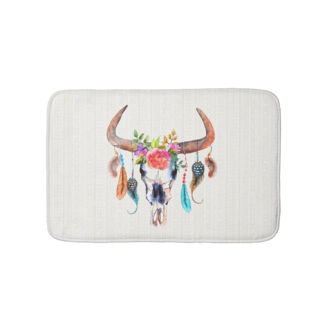 Alfombrilla De Baño Patrón Tribal Beige Y Calavera De Toro (Anverso)