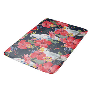 Alfombrilla De Baño Patrón tropical floral Rojo Hibiscus Cockatoo