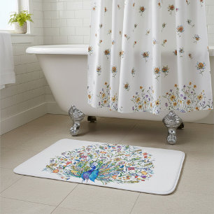 Alfombrilla De Baño Pavo real floral acuarela