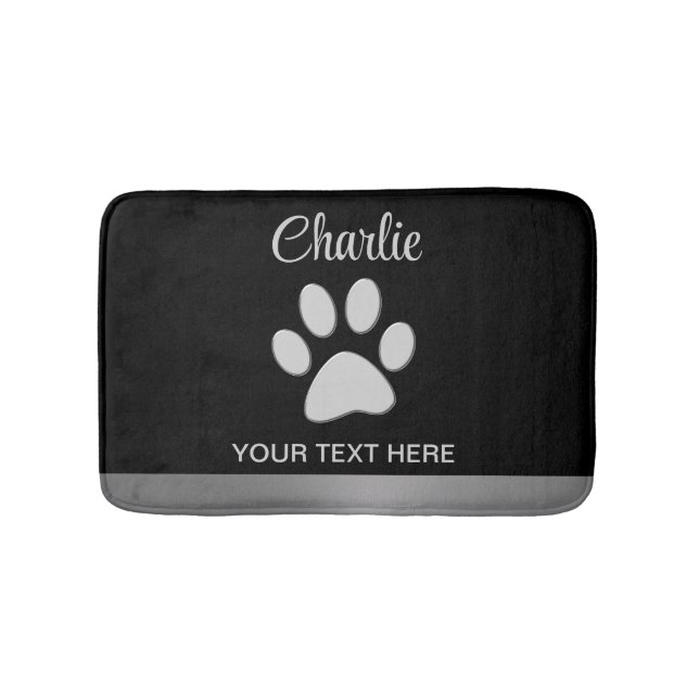 Alfombrilla De Baño Paw de perro plateado sobre fondo negro (Anverso)