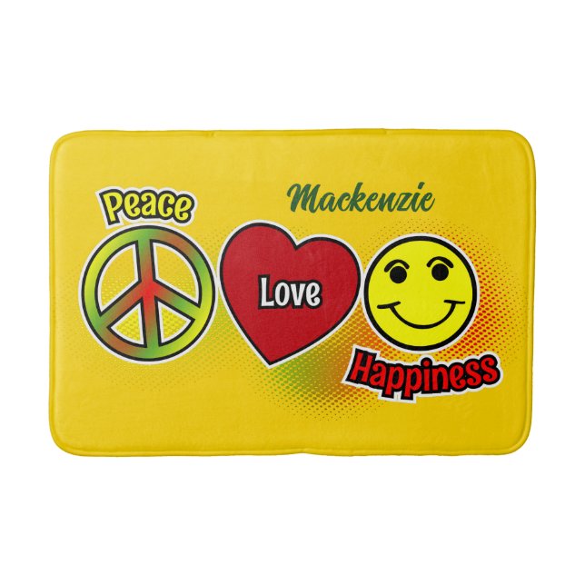 Alfombrilla De Baño Peace Love Happiness Yellow (Anverso)