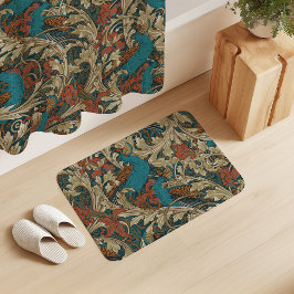 Alfombrilla De Baño Peacock Garden in Teal Blue Rust Mustard Beige