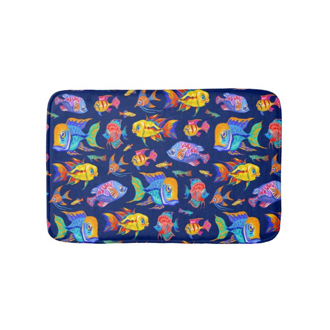 Alfombrilla De Baño Peces tropicales divertidos en azul oscuro (Anverso)