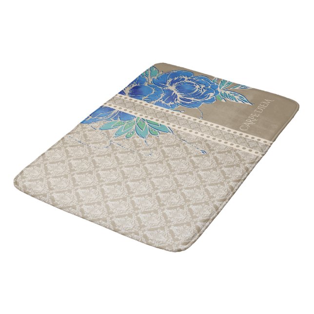Alfombrilla De Baño PEONÍAS AZULES Y DAMASK ~ Bath Mat (Angular)