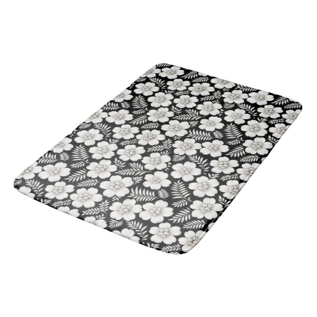 Alfombrilla De Baño Perlas Blancas en Flores sobre Negro (Angular)