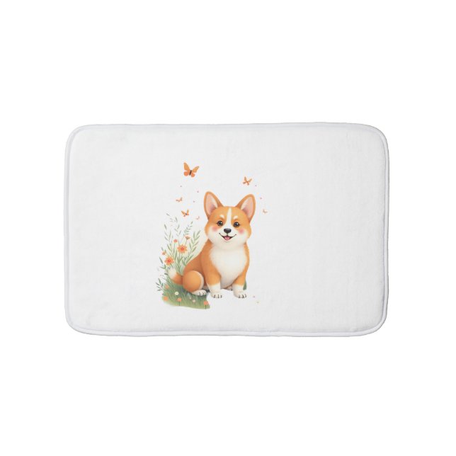 Alfombrilla De Baño Perro Akita con flor y camiseta con mariposa (Anverso)