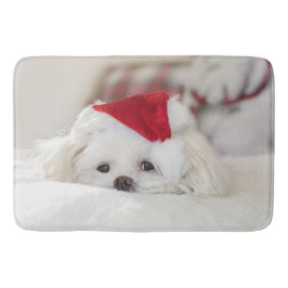Alfombrilla De Baño Perro blanco lindo en un Gorra de Navidades rojos