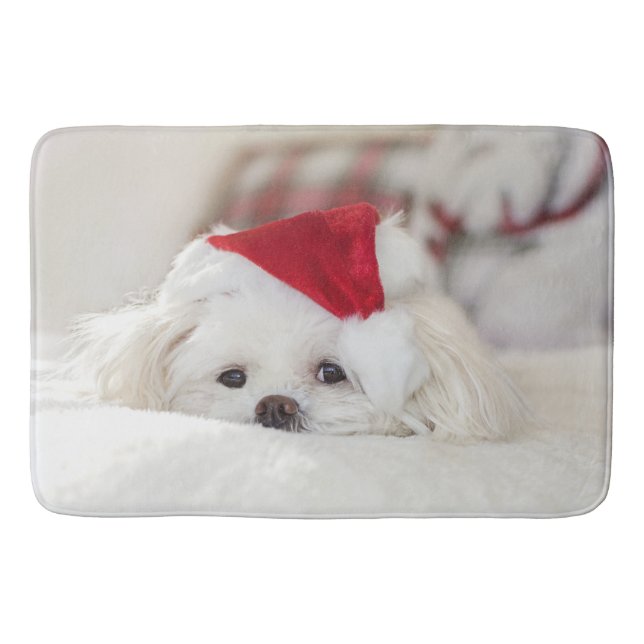 Alfombrilla De Baño Perro blanco lindo en un Gorra de Navidades rojos (Anverso)