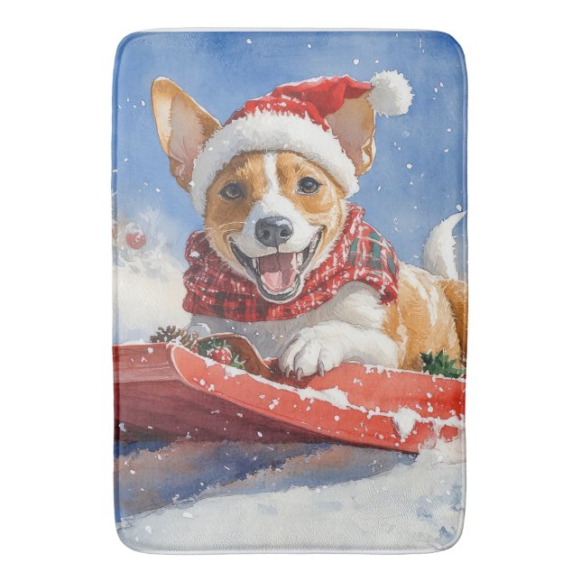 Alfombrilla De Baño Perro de Basenji en escabeche Navidades de la niev (Frente vertical)