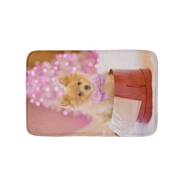 Alfombrilla De Baño Perro lindo con Navidades de vaca rosa fotografía (Anverso)