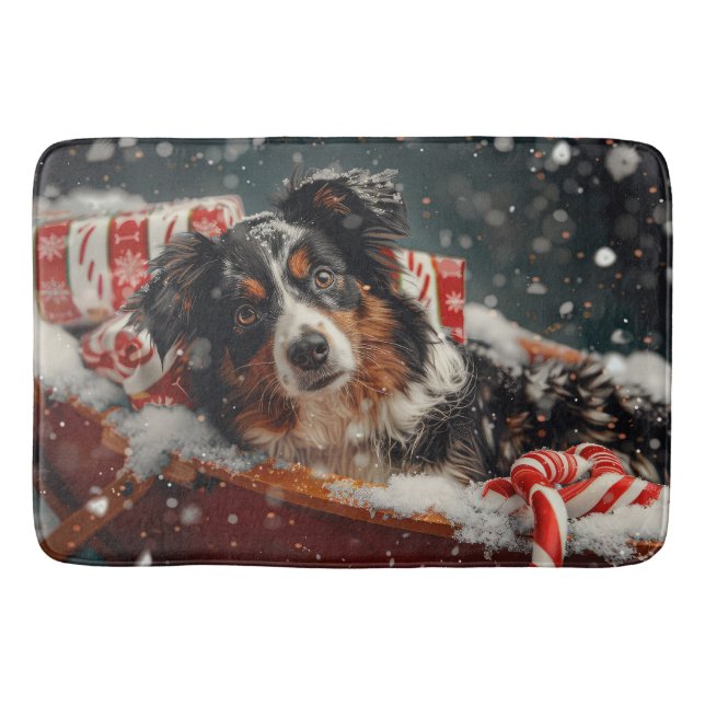 Alfombrilla De Baño Perro Pastor Australiano Fiesta de Navidad (Anverso)