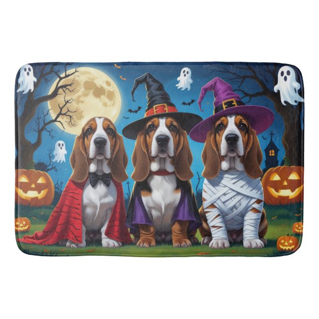 Alfombrilla De Baño Perros Basset Hound Calabaza Halloween Divertido (Anverso)