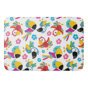 Alfombrilla De Baño Perros coloridos, loros tropicales, aves, flores