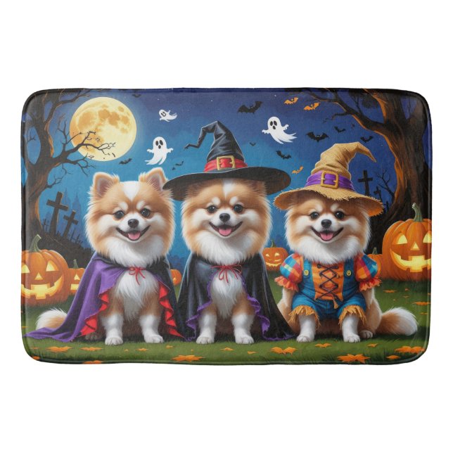 Alfombrilla De Baño Perros de Pomerania Calabaza Halloween Gracioso (Anverso)