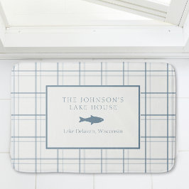 Alfombrilla De Baño Personalizable clásico Plaid Lake House Blue Fish