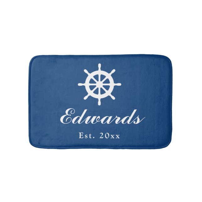 Alfombrilla De Baño Personalizado azul marino náutico nombre familiar  (Anverso)