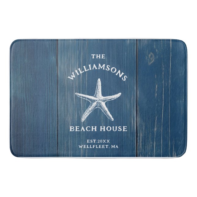 Alfombrilla De Baño Personalizado Blue Coastal Starfish Beach House (Anverso)