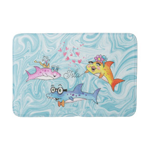 Alfombrilla De Baño Personalizado Familia Tiburón Olas Azules Mat