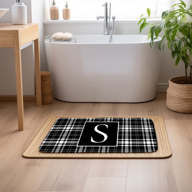 Alfombrilla De Baño Personalizado Monograma Negro Tapado de búfalo bla (Black and white checkered monogram bathmat)