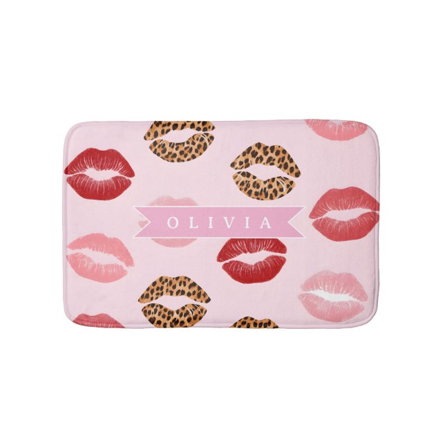 Alfombrilla De Baño Personalized Chic Pink Leopart Print Lip Pattern (Anverso)