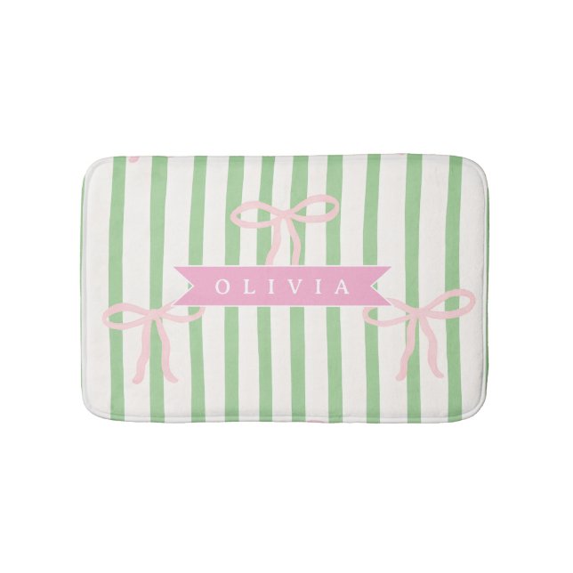 Alfombrilla De Baño Personalized Girly Coquette Green Stripe Bow (Anverso)