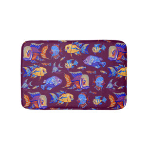 Alfombrilla De Baño Pesca tropical divertida en morado oscuro