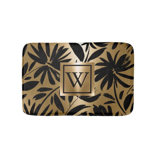 Alfombrilla De Baño Pincel floral negro y dorado (Anverso)