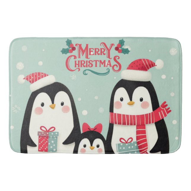 Alfombrilla De Baño Pingüinos nevados de Feliz Navidad (Anverso)