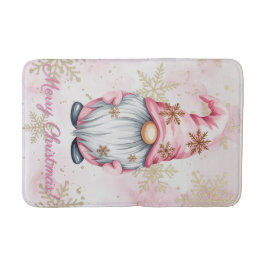 Alfombrilla De Baño Pink Christmas Gnome Gold Snowflakes