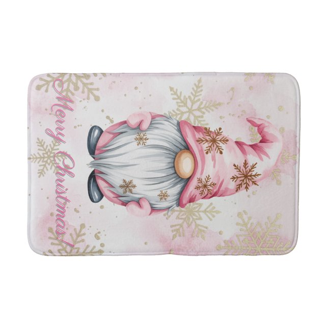 Alfombrilla De Baño Pink Christmas Gnome Gold Snowflakes (Anverso)