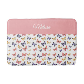 Alfombrilla De Baño Pink Purple Butterflies Monogram Name