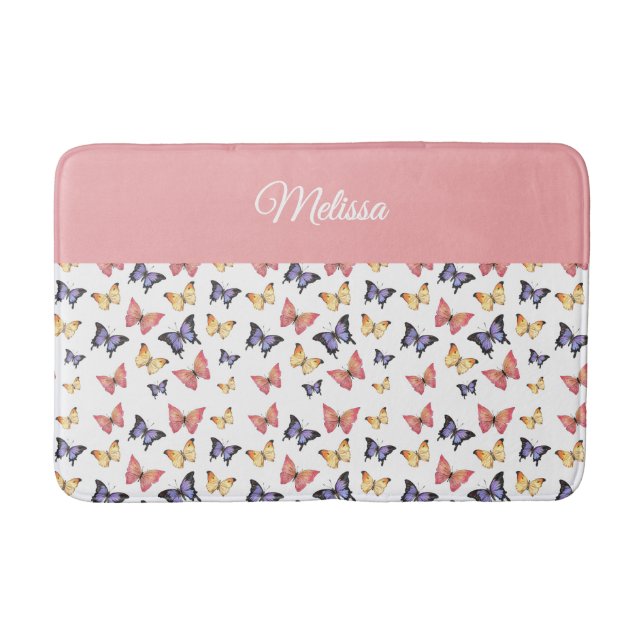 Alfombrilla De Baño Pink Purple Butterflies Monogram Name (Anverso)