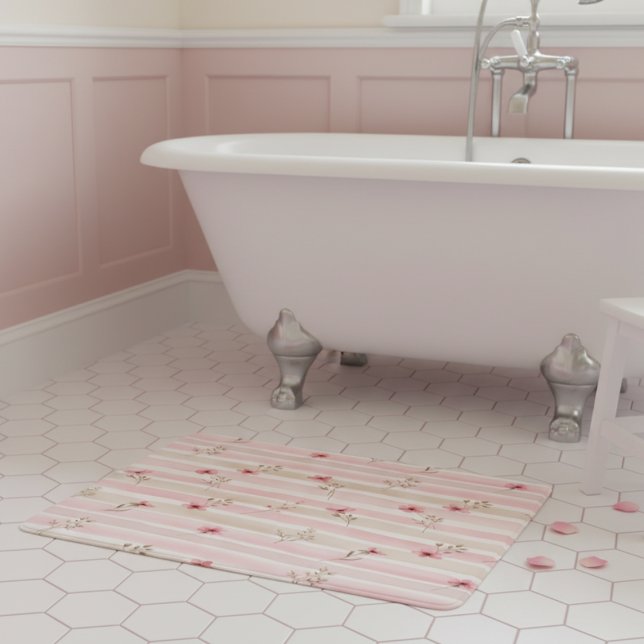 Alfombrilla De Baño Pink Watercolor Floral Stripe Pattern (Subido por el creador)