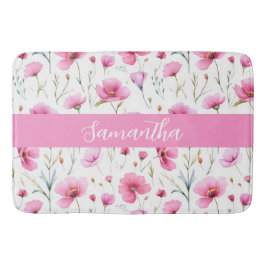 Alfombrilla De Baño Pink Wildflower Watercolor Custom Name