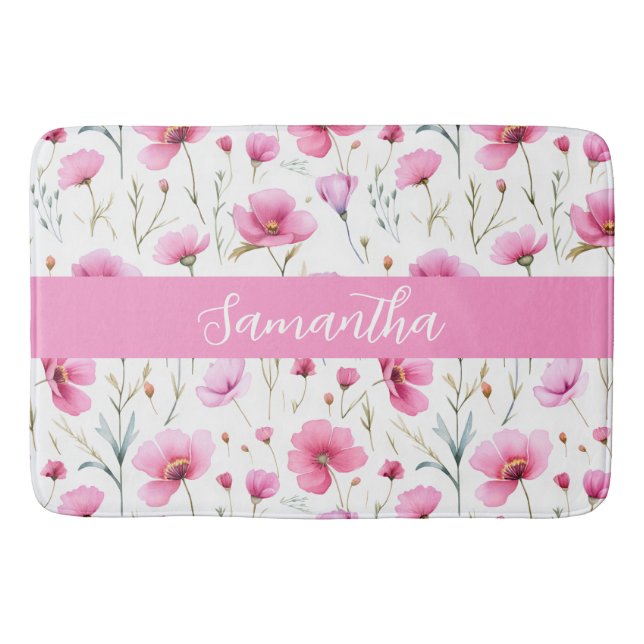 Alfombrilla De Baño Pink Wildflower Watercolor Custom Name (Anverso)