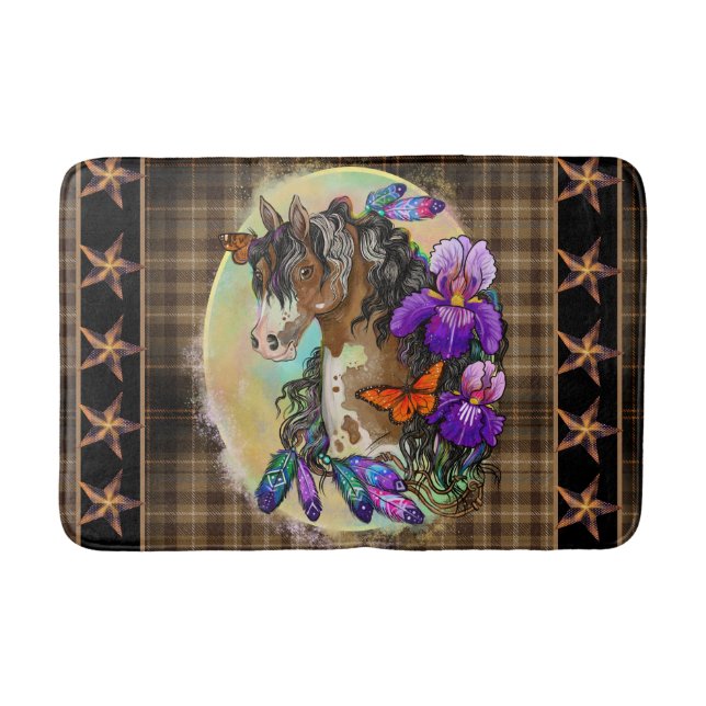 Alfombrilla De Baño Pintar Caballo Mustang con Iris y mariposas (Anverso)