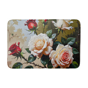 Alfombrilla De Baño pintura al óleo de rosas blancas y rojas de color 