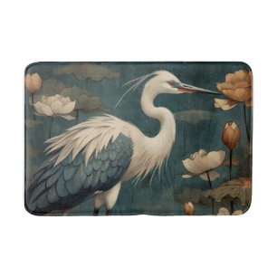 Alfombrilla De Baño Pintura botánica vintage de grulla azul y loto